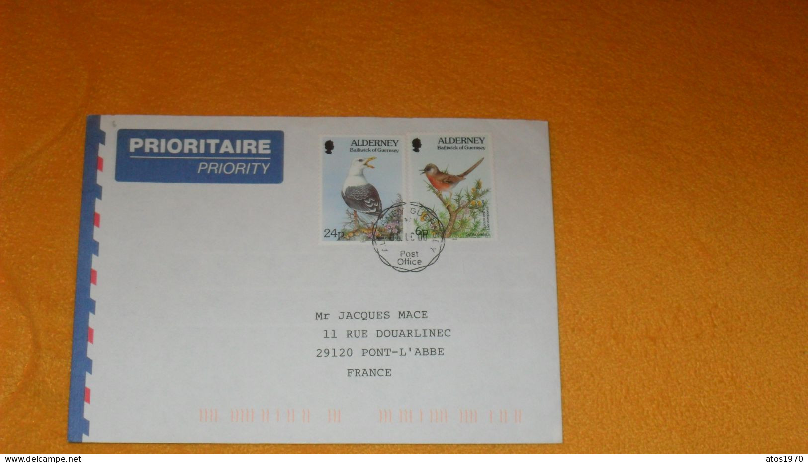 ENVELOPPE DE 2000../ CACHETS ALDERNEY GUERNSEY POST OFFICE + TIMBRES X2 OISEAUX.. - Alderney