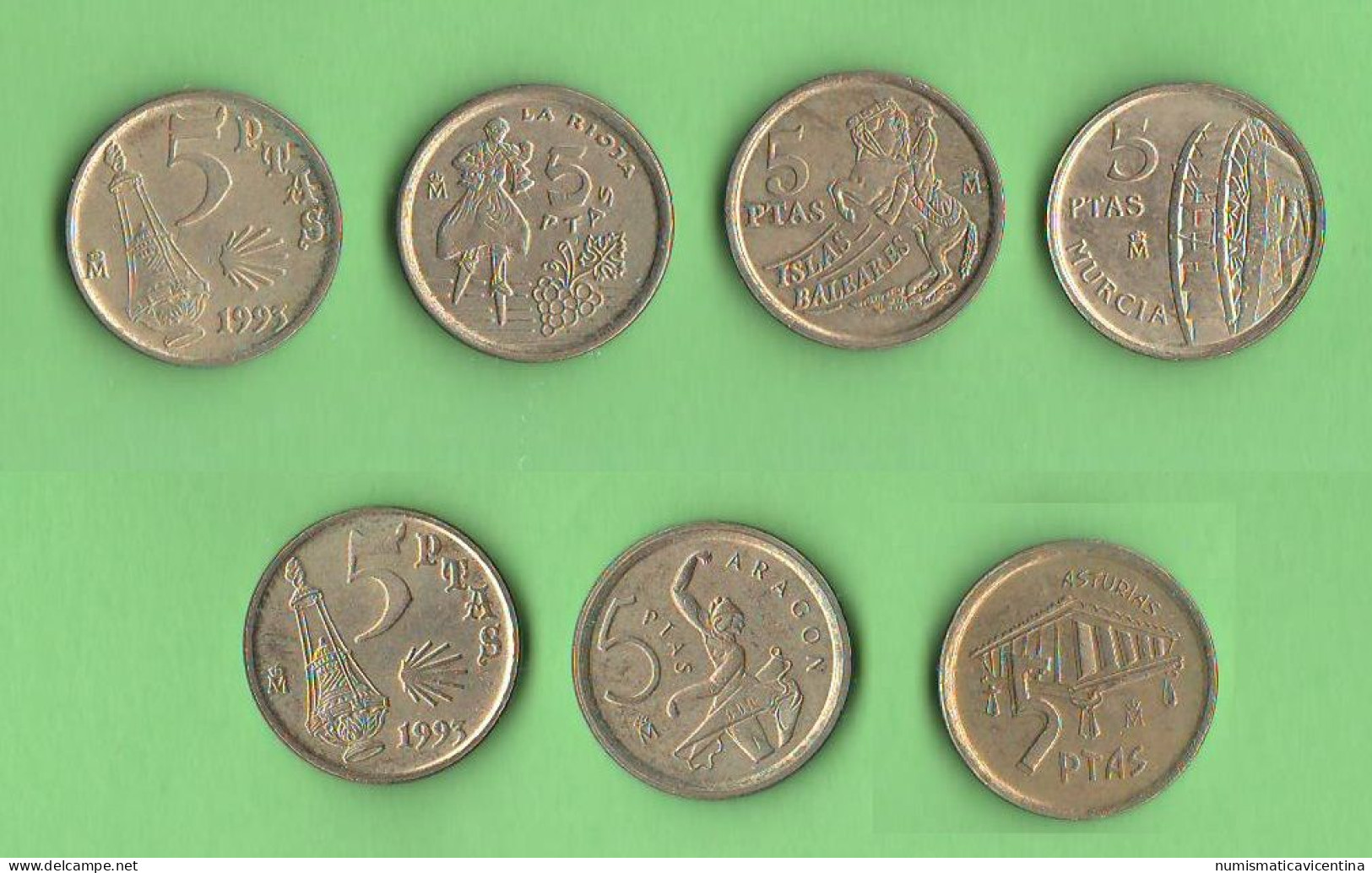 Spagna Lotto 7 Coins Differents X 5 Pesetas Spain  España Toutes Les Années Différentes Brass Coin - Eerste Muntslagen