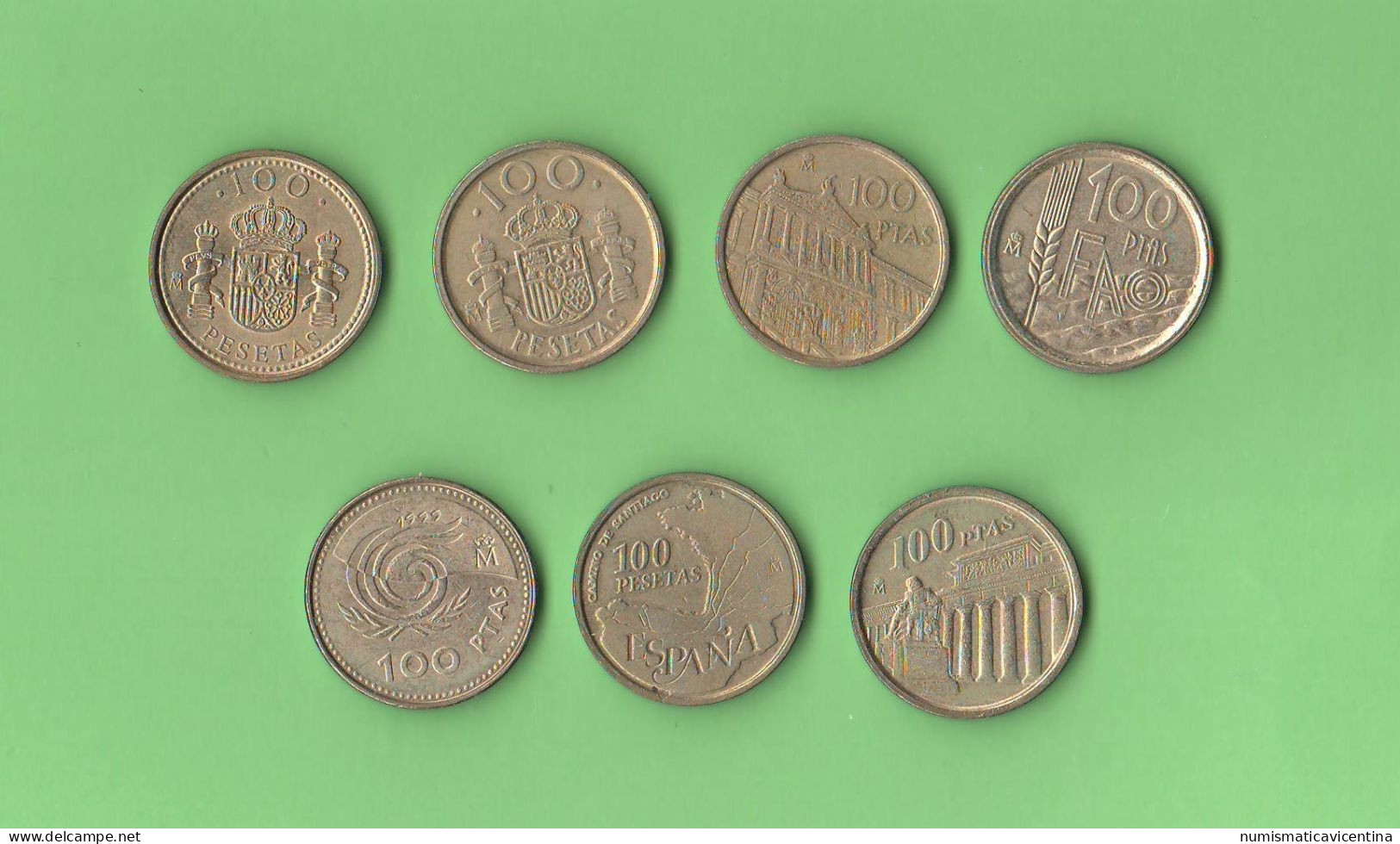 Spagna Lotto 7 Coins Differents X 100 Pesetas Spain  España Toutes Les Années Différentes Brass Coin - Premières Frappes