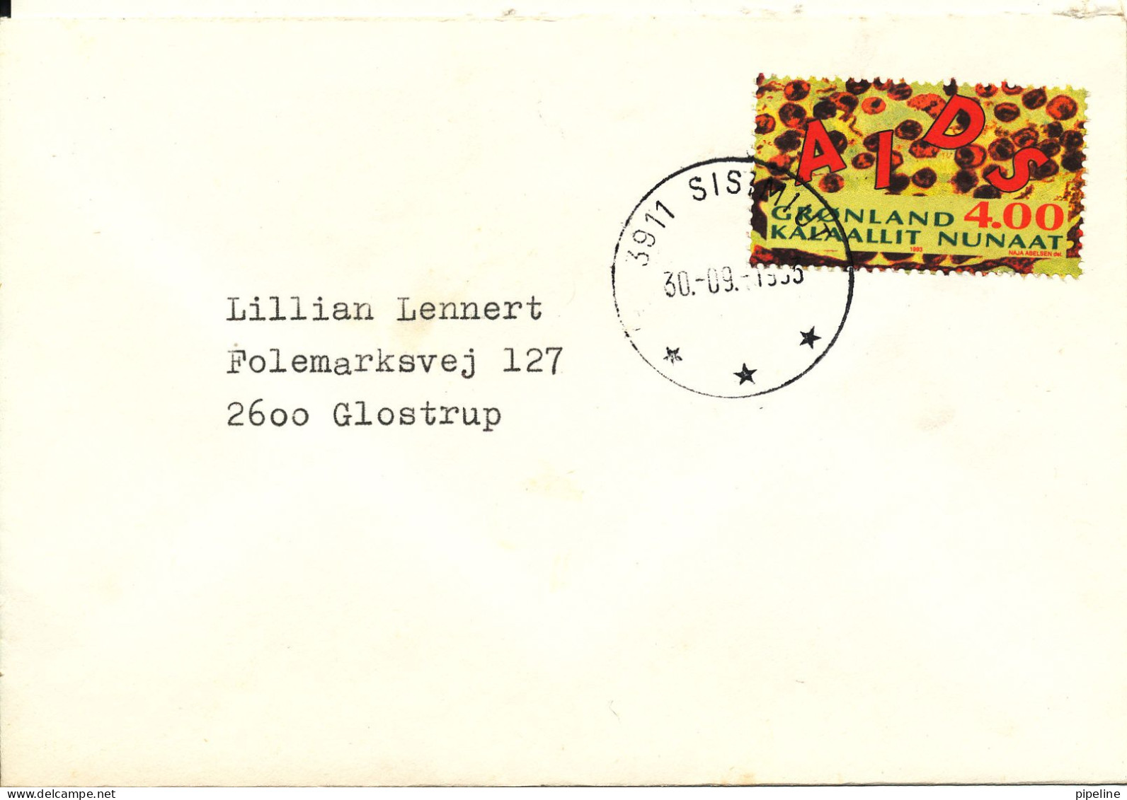 Greenland Cover Sent To Denmark Sisimiut 30-9-1993 Single Franked AIDS Stamp - Covers & Documents