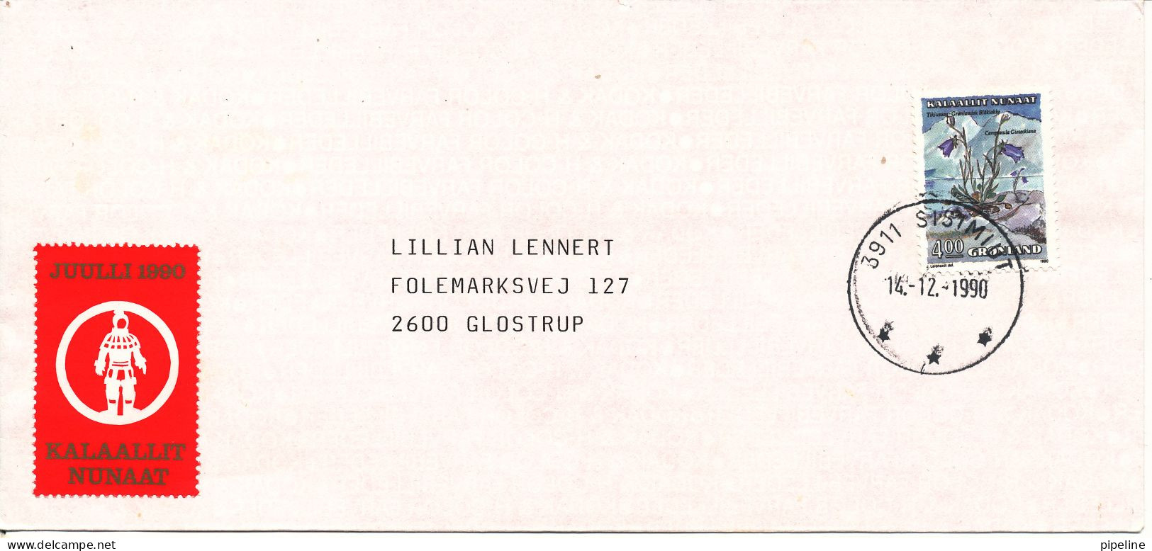 Greenland Cover Sent To Denmark Sisimiut 14-12-1990 Single Franked Flowers + Christmas Seal - Briefe U. Dokumente