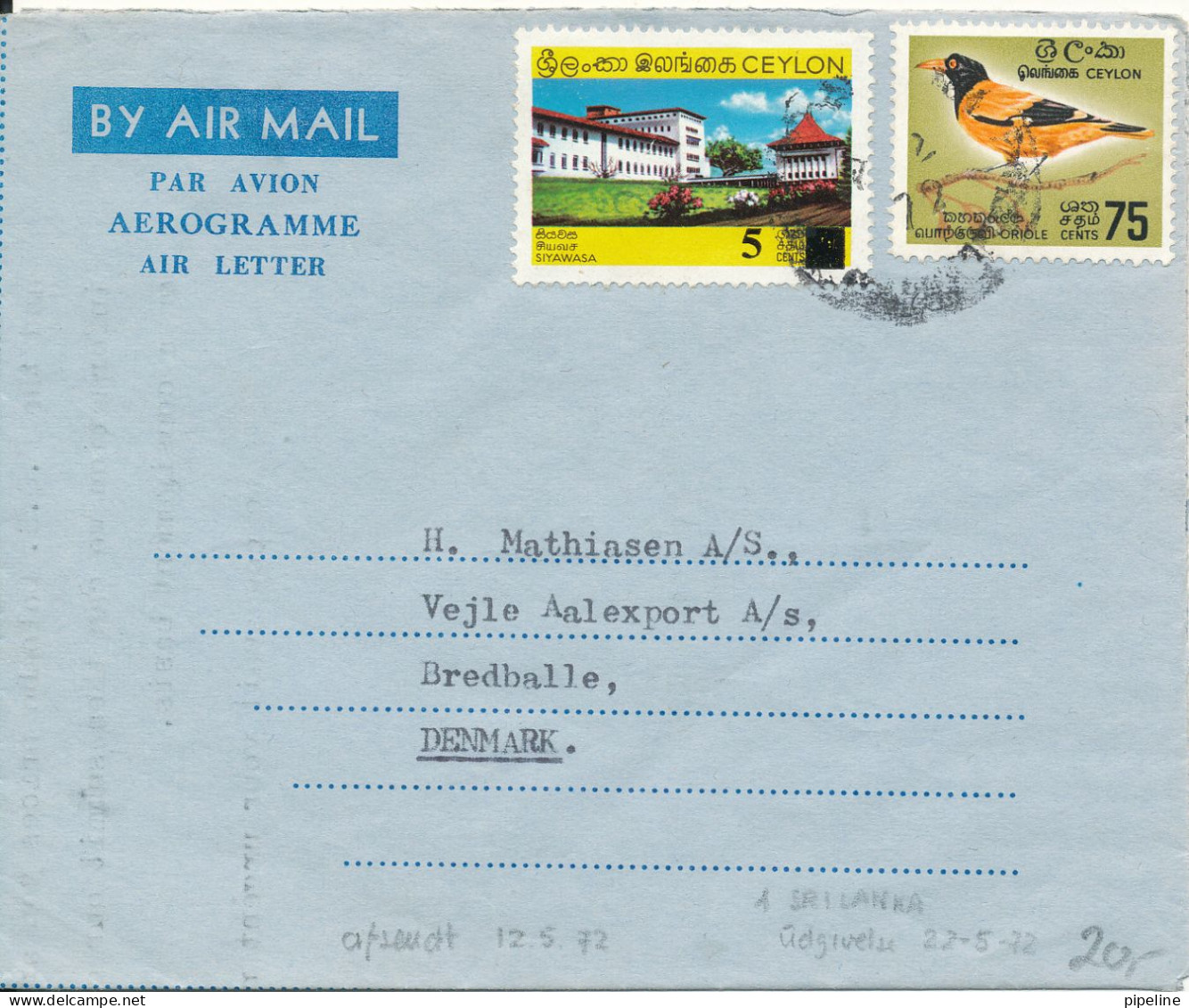 Sri Lanka Aerogramme Sent To Denmark 12-2-1972 - Sri Lanka (Ceylan) (1948-...)