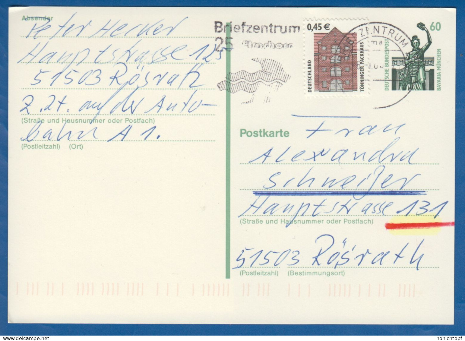 Deutschland; BRD; Postkarte; 45+60 Pf Bavaria München Und TönningerPackhaus; 2003 - Cartoline - Usati