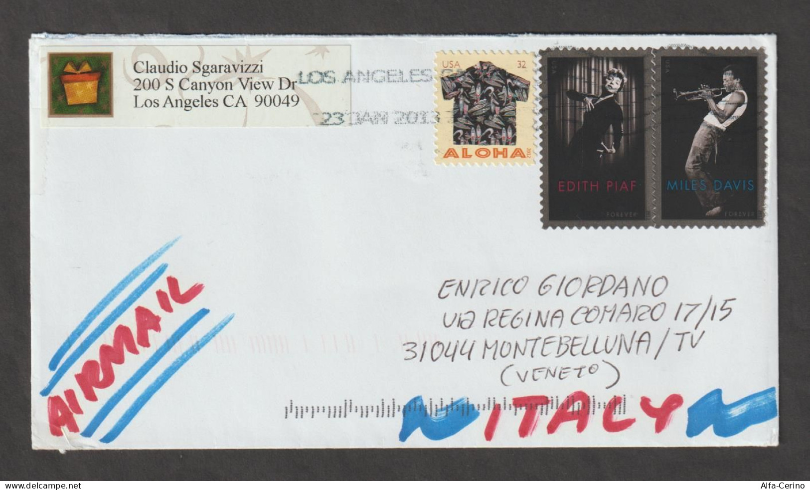 U.S.A.:  2013  COVER  AIR  MAIL  WITH  3  STAMPS  -  TO  ITALY - Lettres & Documents