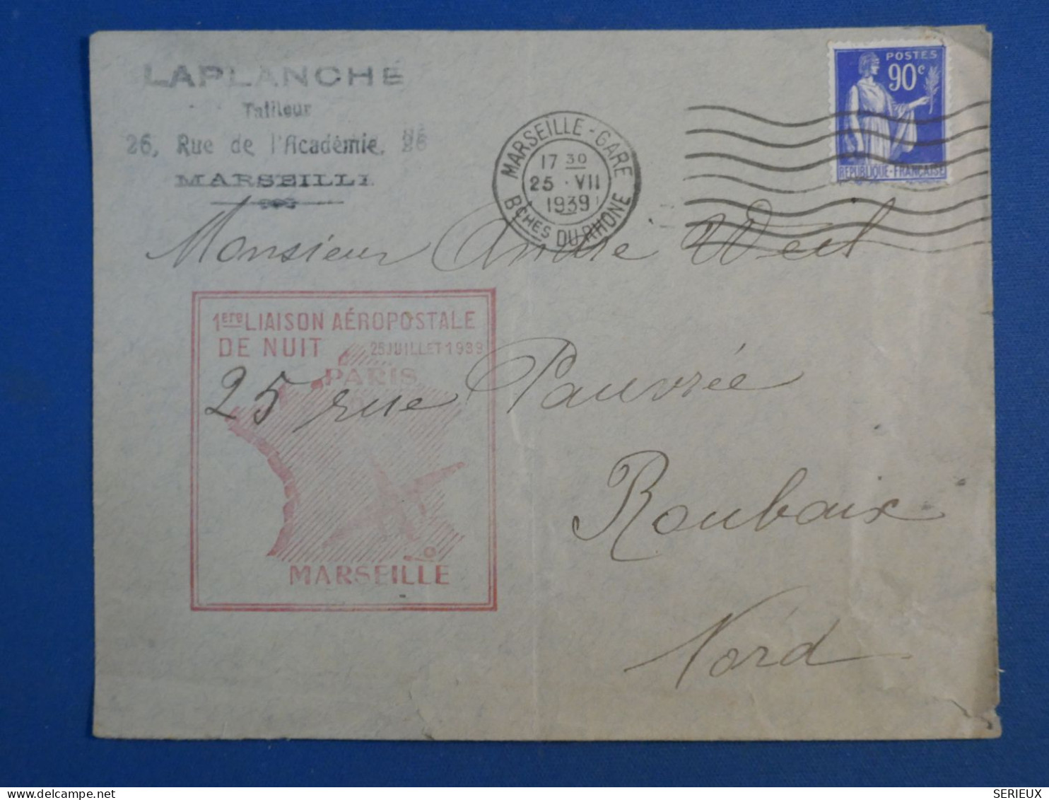 DH15 FRANCE   BELLE LETTRE  1939 1ER VOL  A ROUBAIX  ++AFF. INTERESSANT+ - 1927-1959 Cartas & Documentos