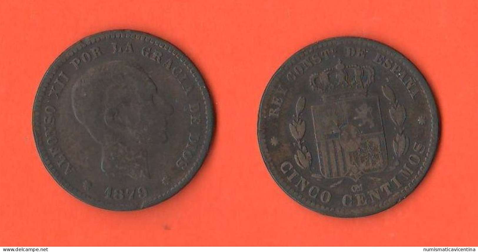 Spagna 5 Centimos 1879 España Alfonso XII° Spain Bronze Coin        ∇ 2 - Eerste Muntslagen