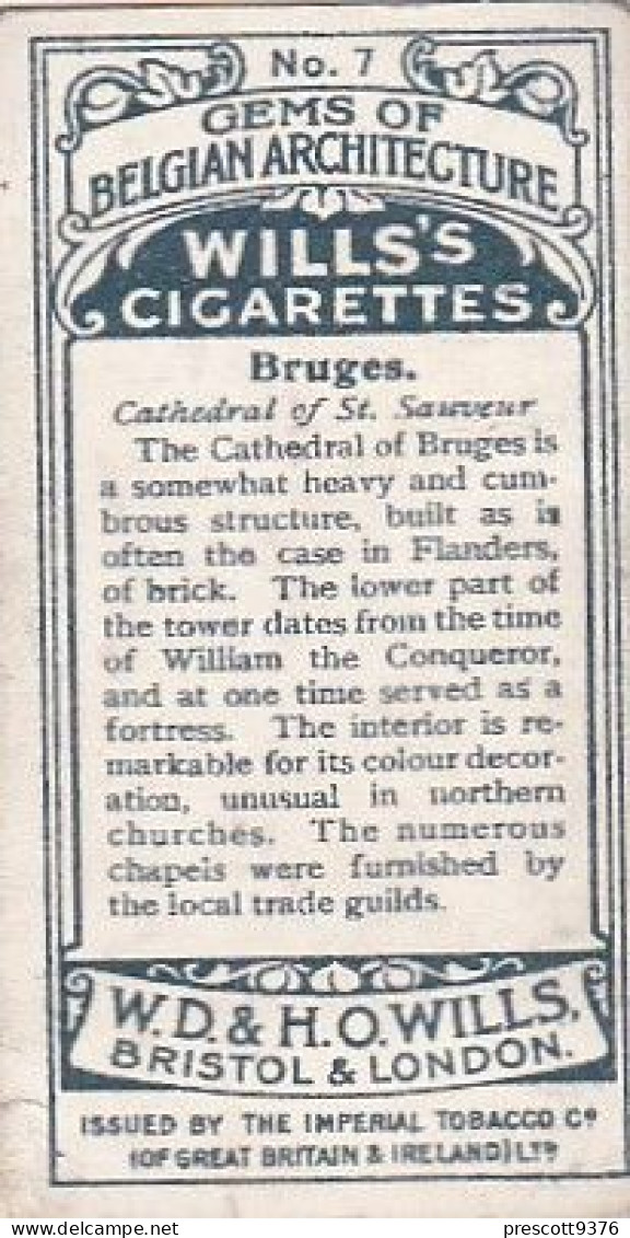 7 Cathedral Brugges   - Gems Of Belgian Architecture 1915 -  Wills Cigarette Card - Original  - Antique - 3x7cms - Wills