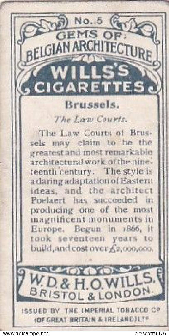 5 Law Courts Brussels   - Gems Of Belgian Architecture 1915 -  Wills Cigarette Card - Original  - Antique - 3x7cms - Wills