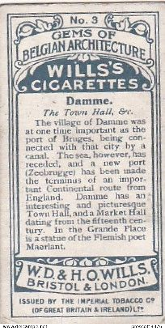 3 Town Hall Damme   - Gems Of Belgian Architecture 1915 -  Wills Cigarette Card - Original  - Antique - 3x7cms - Wills