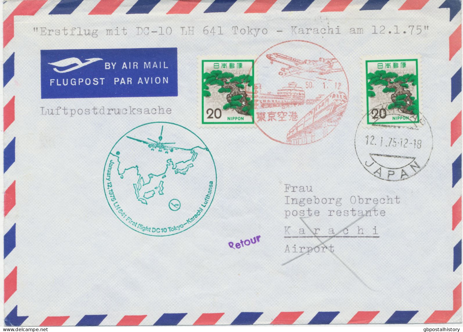 JAPAN 12.1.1975, Erstflug Deutsche Lufthansa Mit DC10 Flug LH 641 „TOKIO – KARACHI (Pakistan)“ (Hab.1762/Sie.942) - Corréo Aéreo