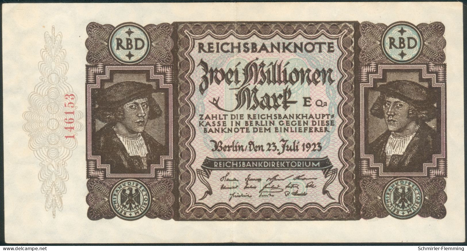 Deutsches Reich 2 Millionen Mark 23. Juli 1923 RBD Rote Kenn Nr.146153(6stellig) Pick 89, II- - 2 Mio. Mark