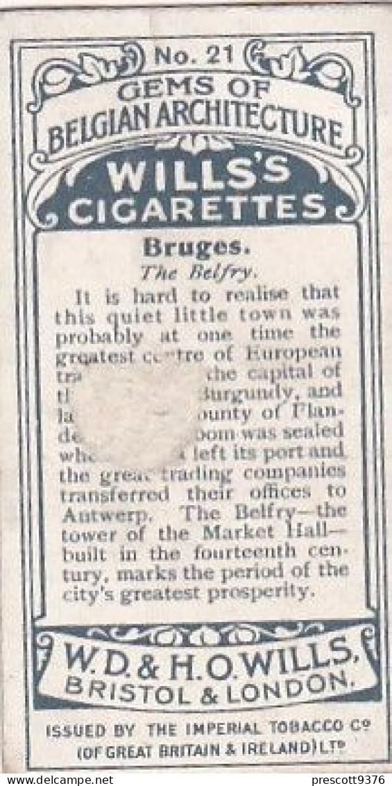 21 The Belfry, Bruges   - Gems Of Belgian Architecture 1915 -  Wills Cigarette Card - Original  - Antique - 3x7cms - Wills