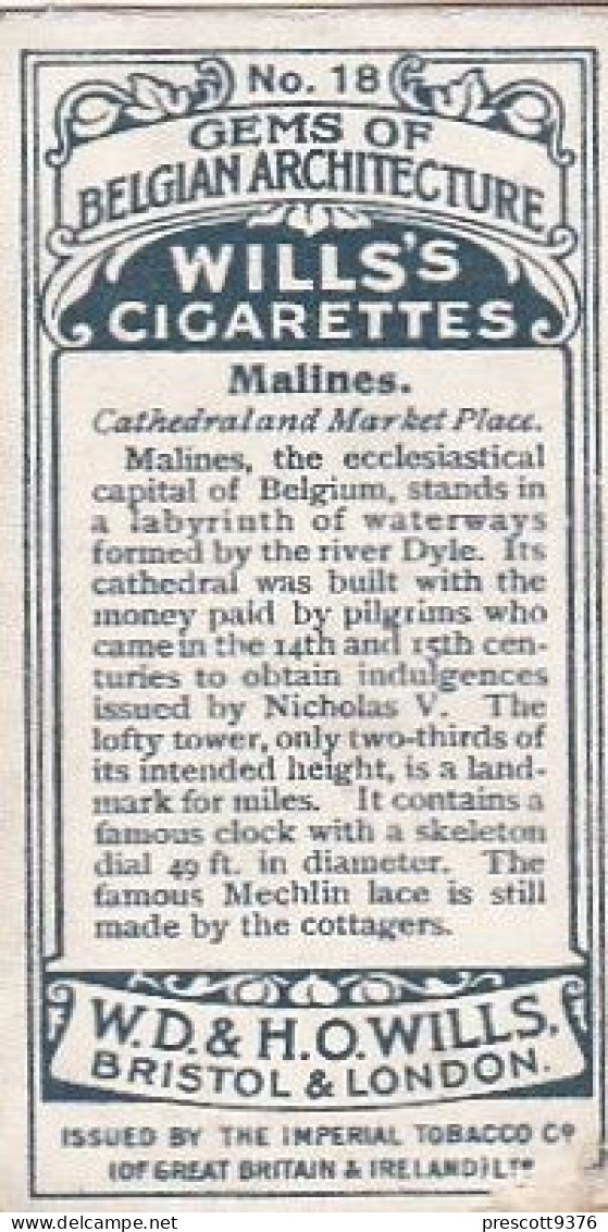 18 Cathedral, Malines   - Gems Of Belgian Architecture 1915 -  Wills Cigarette Card - Original  - Antique - 3x7cms - Wills