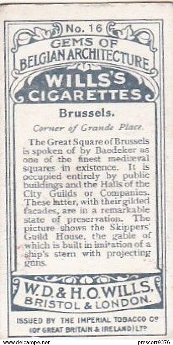 16 Grand Place, Brussels   - Gems Of Belgian Architecture 1915 -  Wills Cigarette Card - Original  - Antique - 3x7cms - Wills