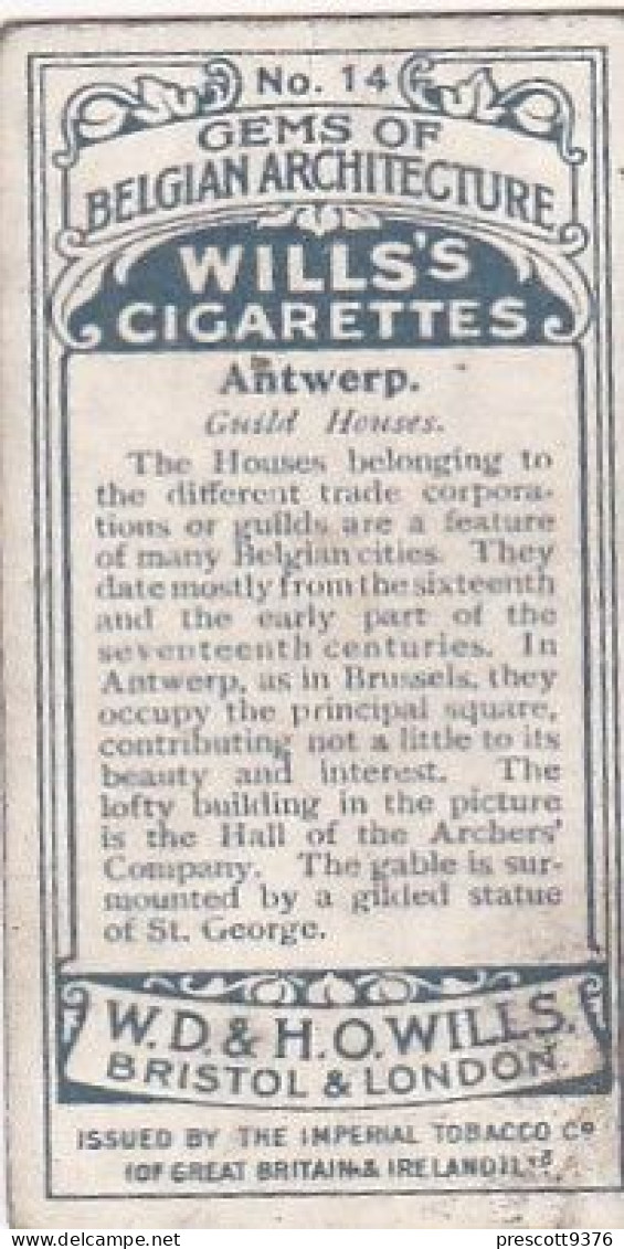 14 Guild Houses, Antwerp   - Gems Of Belgian Architecture 1915 -  Wills Cigarette Card - Original  - Antique - 3x7cms - Wills