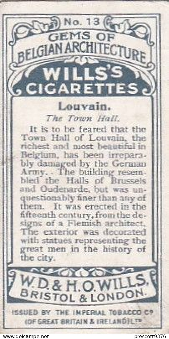 13 Town Hall, Louvain   - Gems Of Belgian Architecture 1915 -  Wills Cigarette Card - Original  - Antique - 3x7cms - Wills