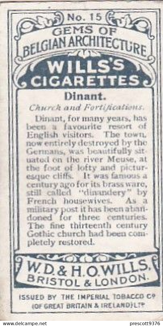15 Church, Dinant   - Gems Of Belgian Architecture 1915 -  Wills Cigarette Card - Original  - Antique - 3x7cms - Wills