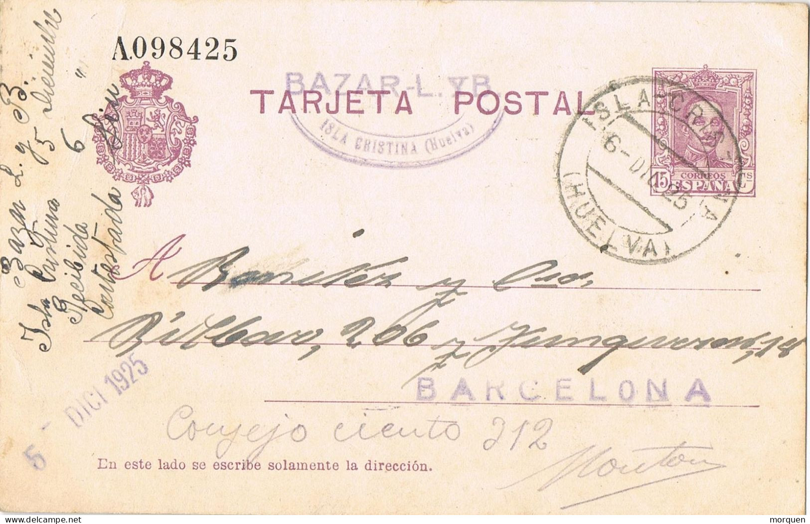 53762. Entero Postal ISLA CRISTINA (Huelva) 1925. Alfonso XIII Vaquer, Num 57 º - 1850-1931