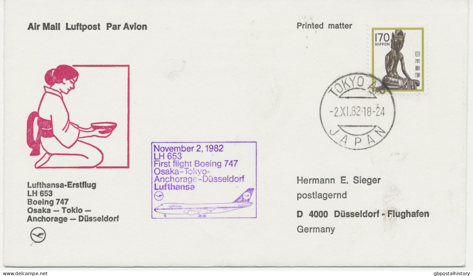 JAPAN 2.11.1982, Erstflug Deutsche Lufthansa Mit Boeing 747 Flug LH 653 „TOKIO – DÜSSELDORF“ (Hab.2589/Sie.1403) - Airmail