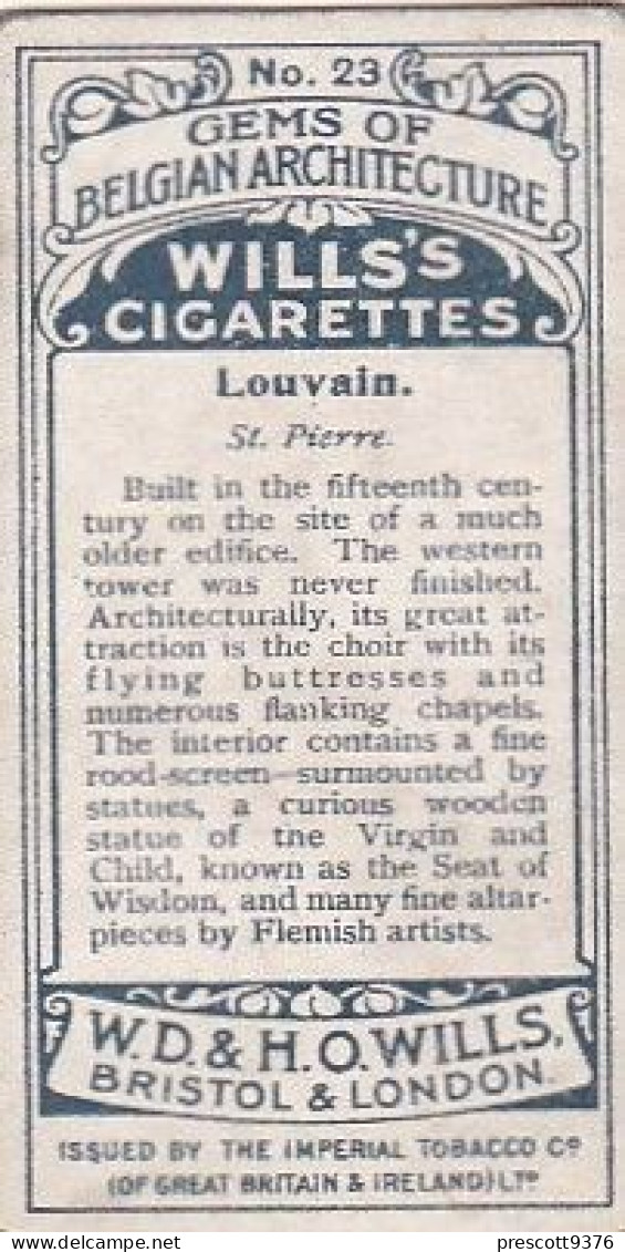 23 St Pirre, Louvain   - Gems Of Belgian Architecture 1915 -  Wills Cigarette Card - Original  - Antique - 3x7cms - Wills