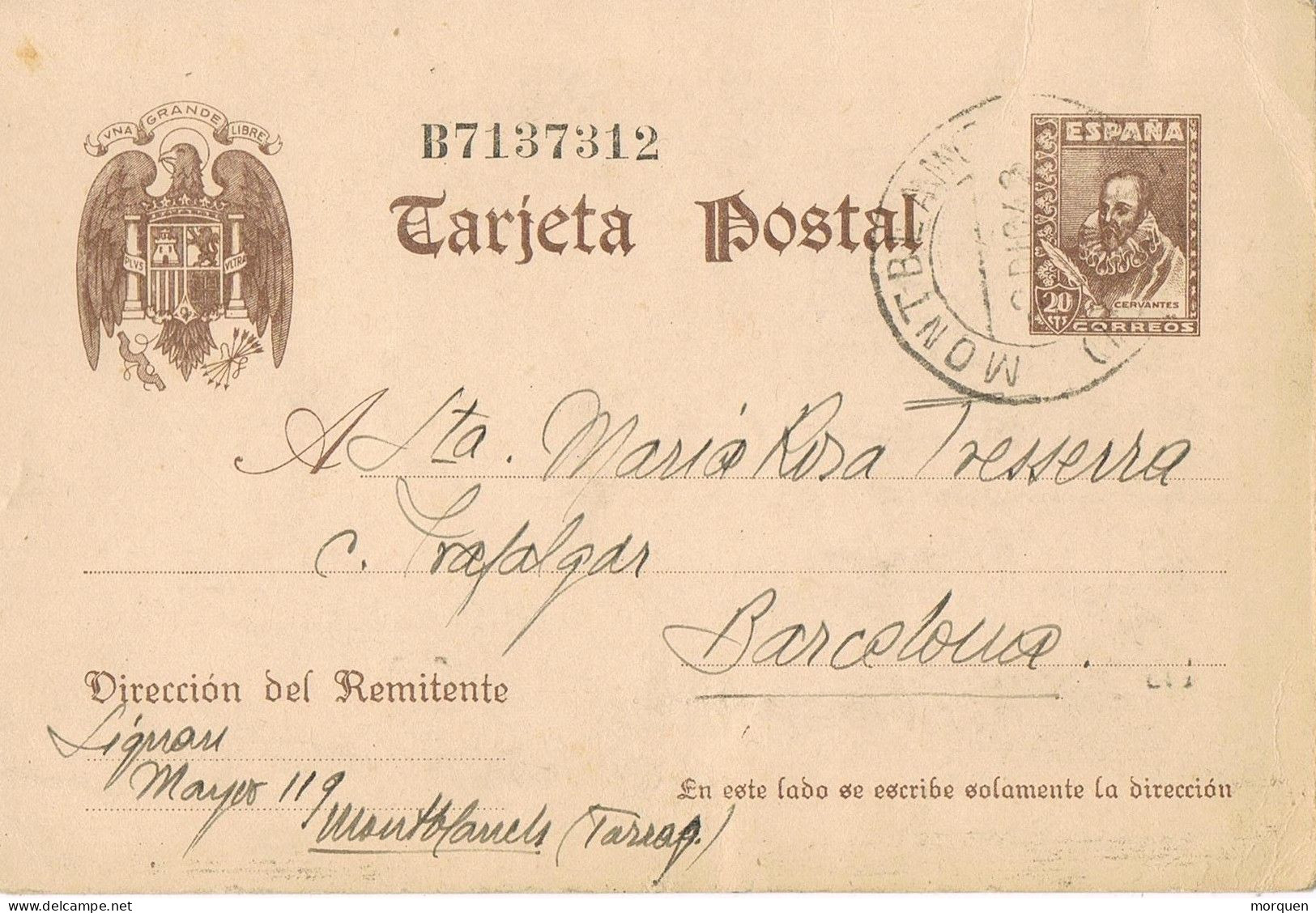 53764. Entero Postal MONTBLANCH (Tarragona) 1942.20 Cts Cervantes Sin Pie Imprenta, Num 82 - 1931-....