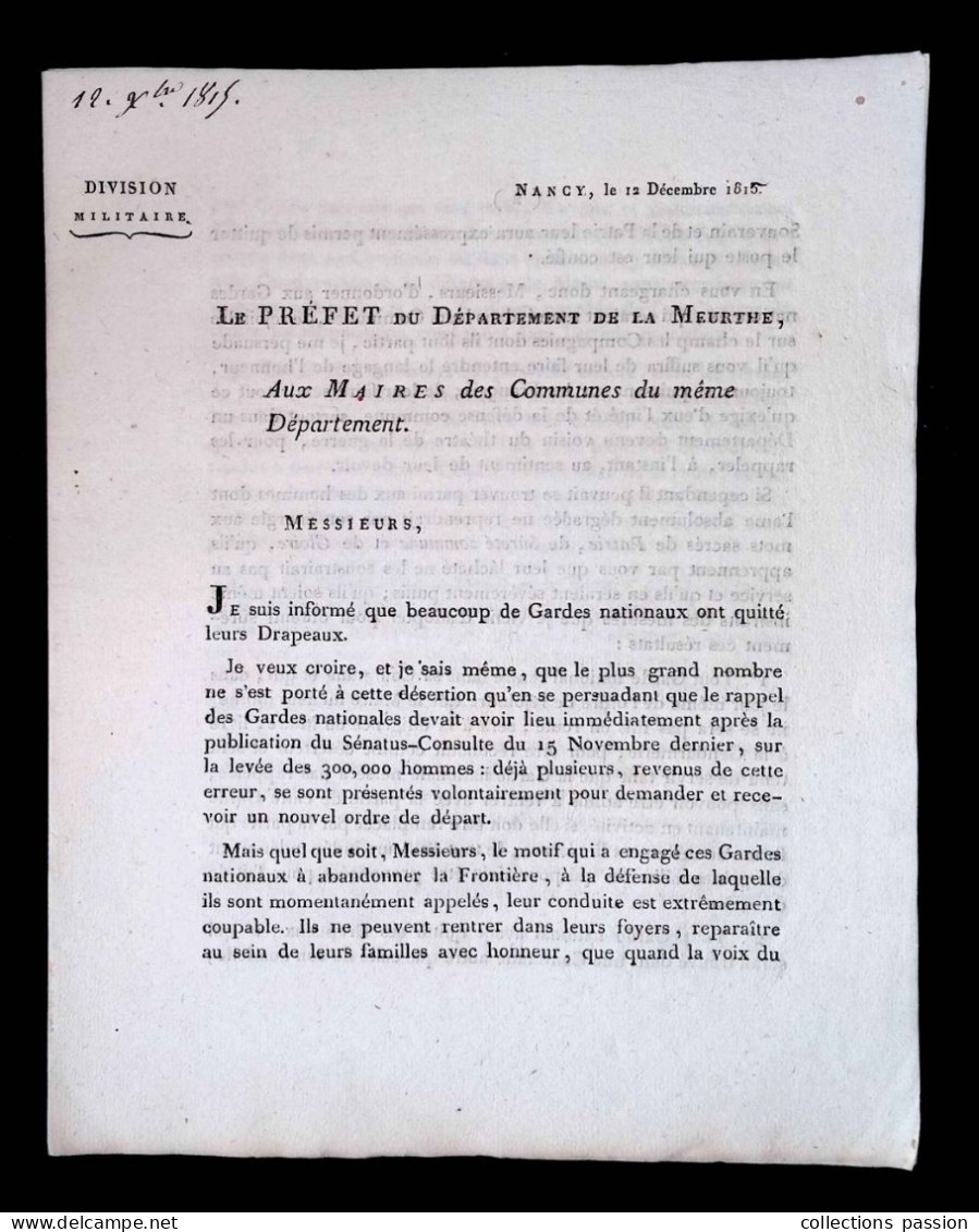 Militaria,  Nancy, 1815, Le Préfet De La Meurthe Aux Maires, Désertion De Gardes Nationaux, Frais Fr 2.45 E - Documents
