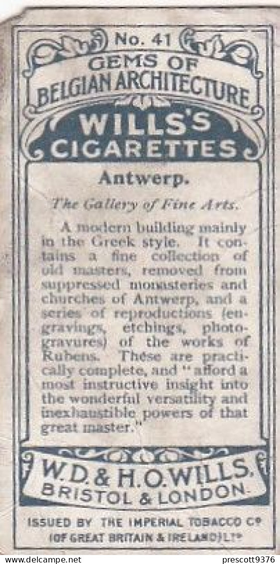 41 Gallery Of Fine Arts, Antwerp    - Gems Of Belgian Architecture 1915 -  Wills Cigarette Card -   - Antique - 3x7cms - Wills