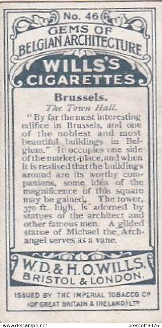 46 Town Hall Brussels    - Gems Of Belgian Architecture 1915 -  Wills Cigarette Card -   - Antique - 3x7cms - Wills