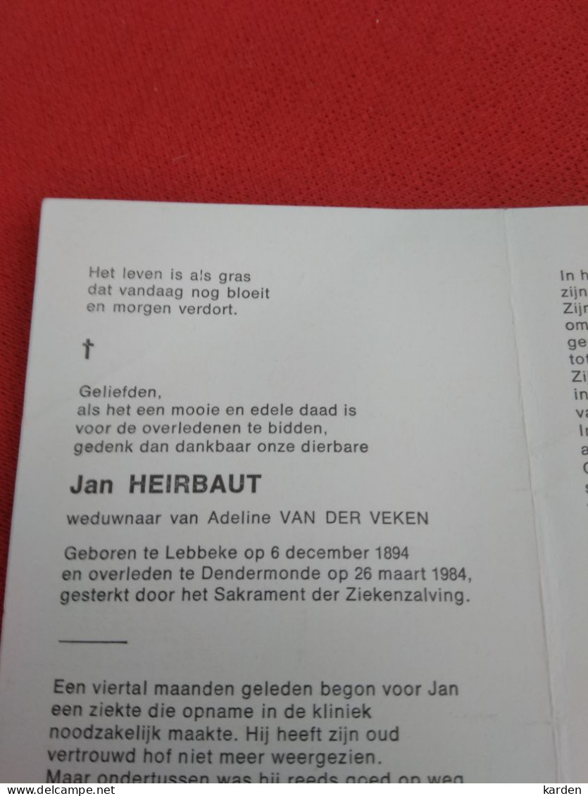 Doodsprentje Jan Heirbaut / Lebbeke 6/12/1894 Dendermonde 26/3/1984 ( Adeline Van Der Veken ) - Religion & Esotérisme