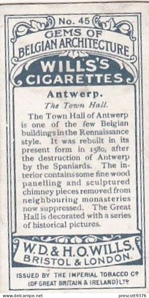 45 Antwerp, Town Hall    - Gems Of Belgian Architecture 1915 -  Wills Cigarette Card -   - Antique - 3x7cms - Wills
