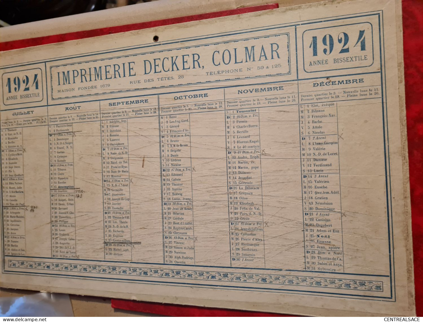 1924 CALENDRIER IMPRIMERIE DECKER RUE DES TETES COLMAR - Tamaño Grande : 1901-20