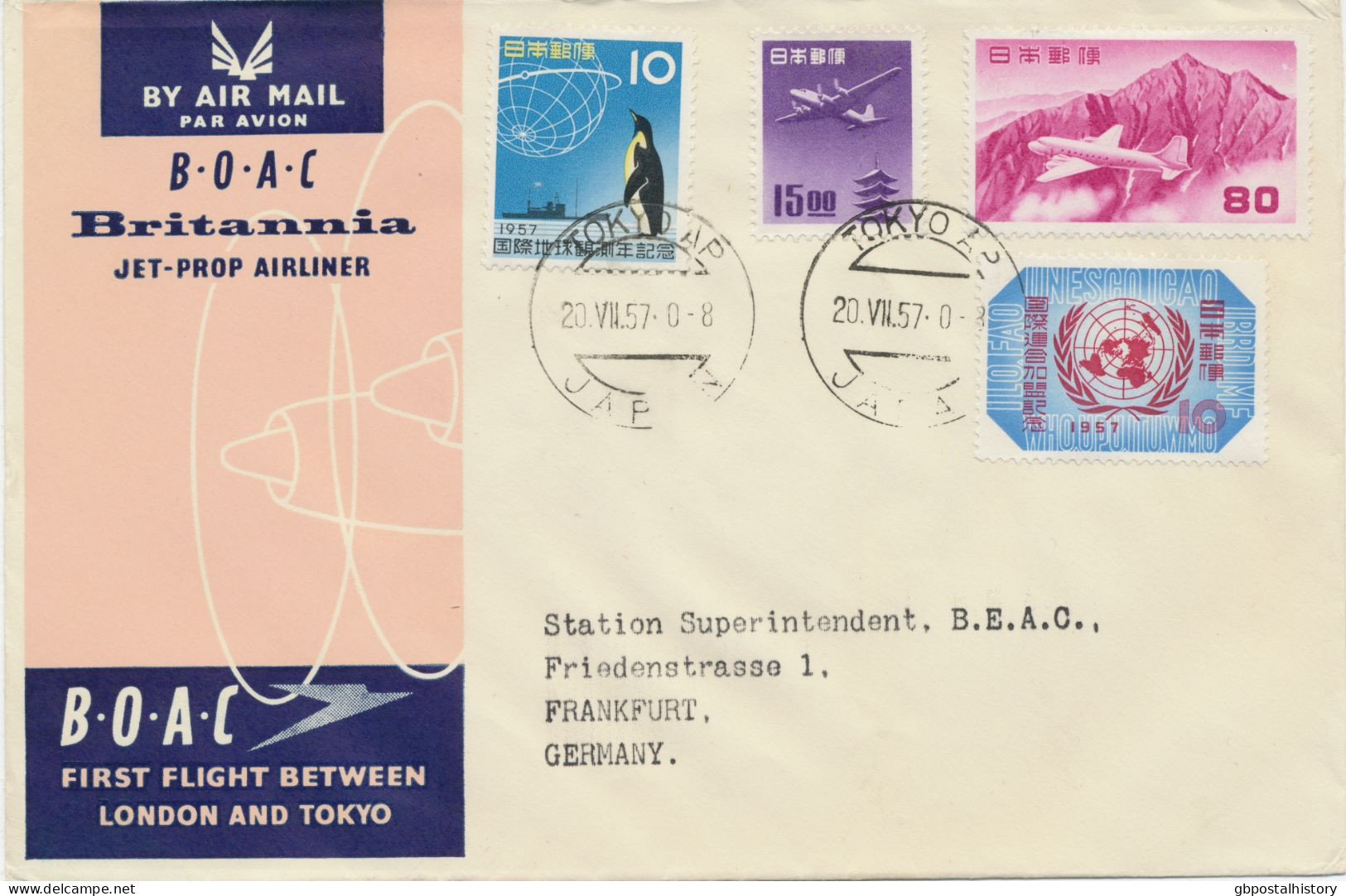 JAPAN 20.7.1957, Selt. Erstflug British Overseas Airways Corporation (BOAC – Existierte Von 1939 Bis 1974)  Britannia Je - Poste Aérienne