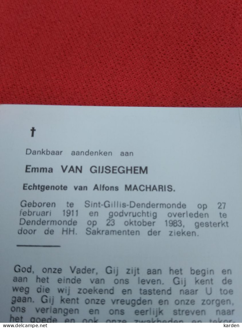 Doodsprentje Emma Van Gijseghem / Sint Gillis Dendermonde 27/2/1911 Dendermonde 23/10/1983 ( Alfons Macharis ) - Religion & Esotérisme