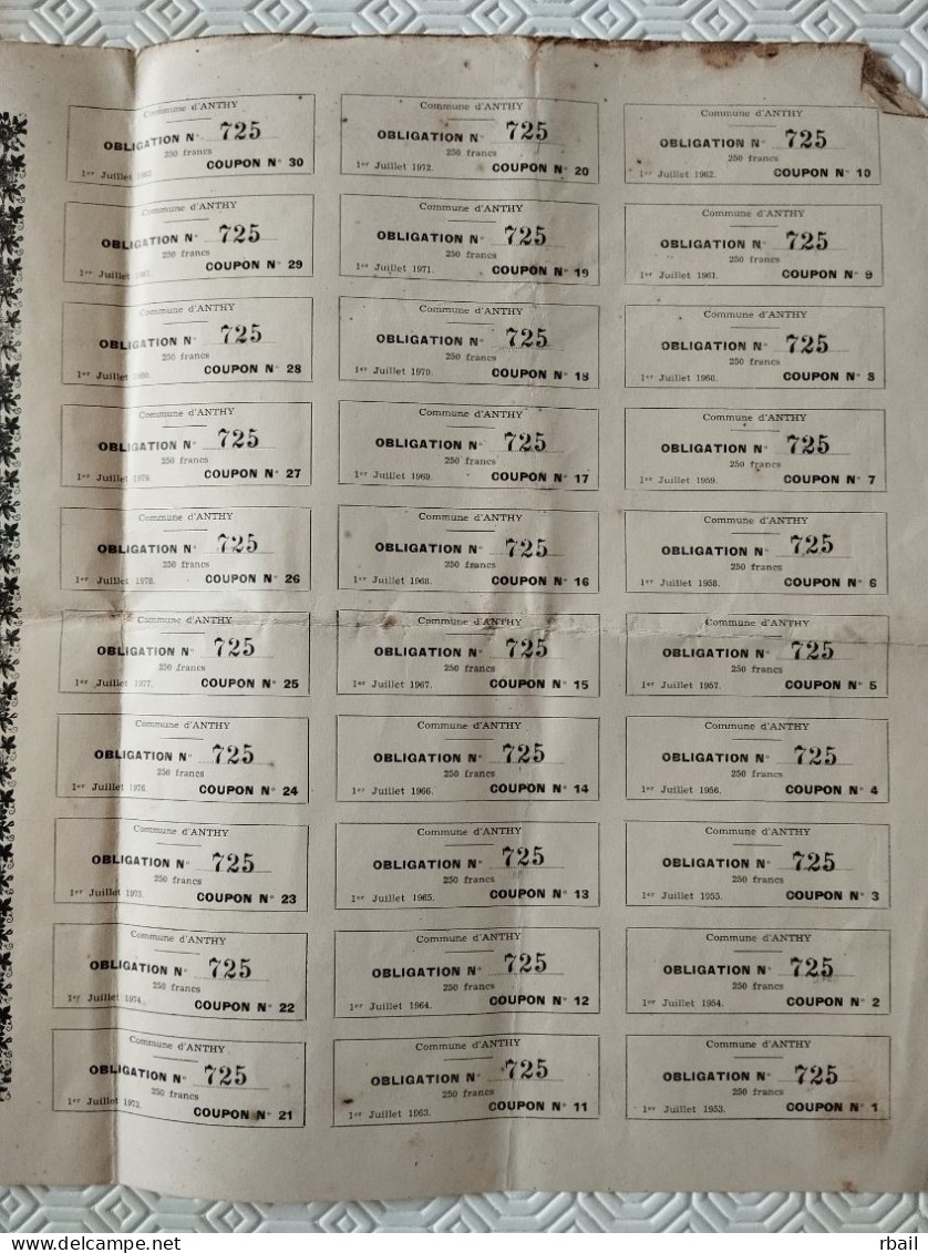 Bon Obligation Au Porteur (emprunt Commune ANTHY Savoie) - Elektriciteit En Gas