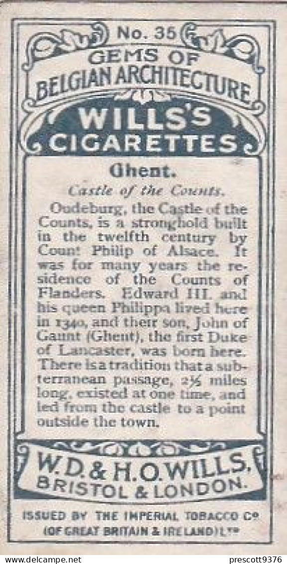 36 Ghent, Castle Of The Courts    - Gems Of Belgian Architecture 1915 -  Wills Cigarette Card -   - Antique - 3x7cms - Wills
