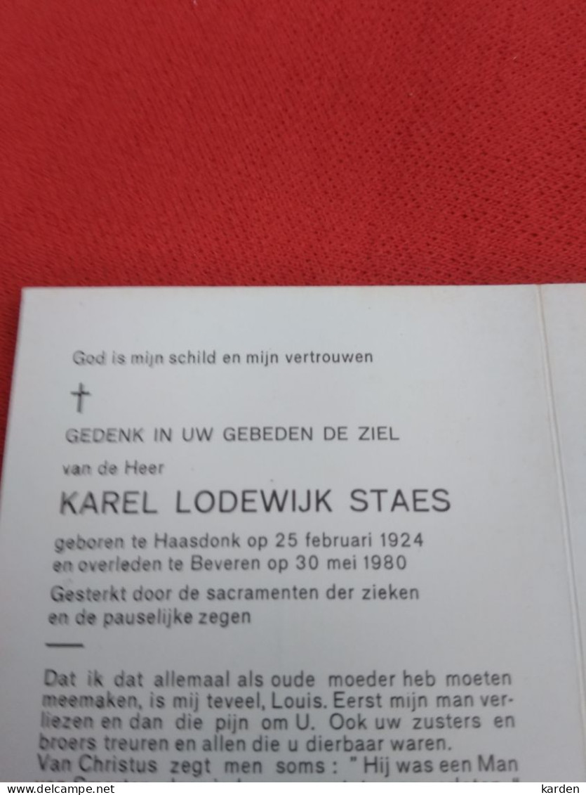 Doodsprentje Karel Lodewijk Staes / Haasdonk 25/2/1924 Beveren 30/5/1980 - Religion & Esotérisme