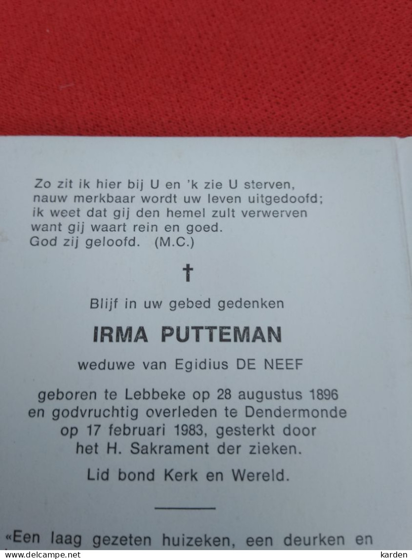 Doodsprentje Irma Putteman / Lebbeke 28/8/1896 Dendermonde 17/2/1983 ( Egidius De Neef ) - Religion & Esotérisme