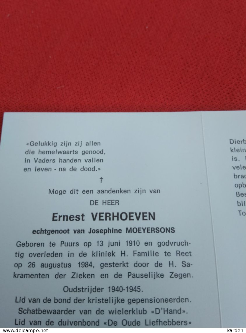 Doodsprentje Ernest Verhoeven / Puurs 13/6/1910 Reet 26/8/1984 ( Josephine Moeyersons ) - Religion & Esotérisme