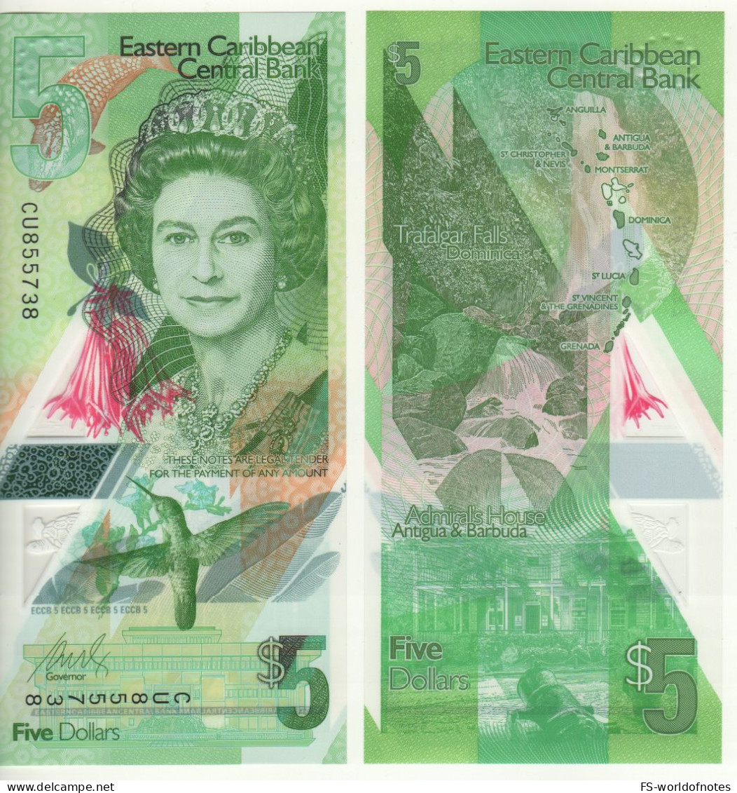 EAST CARIBBEAN New  $ 5   Polimer  2021  PW56   (Queen Elizabeth II -  Trafalgar Falls  Back)   UNC - East Carribeans