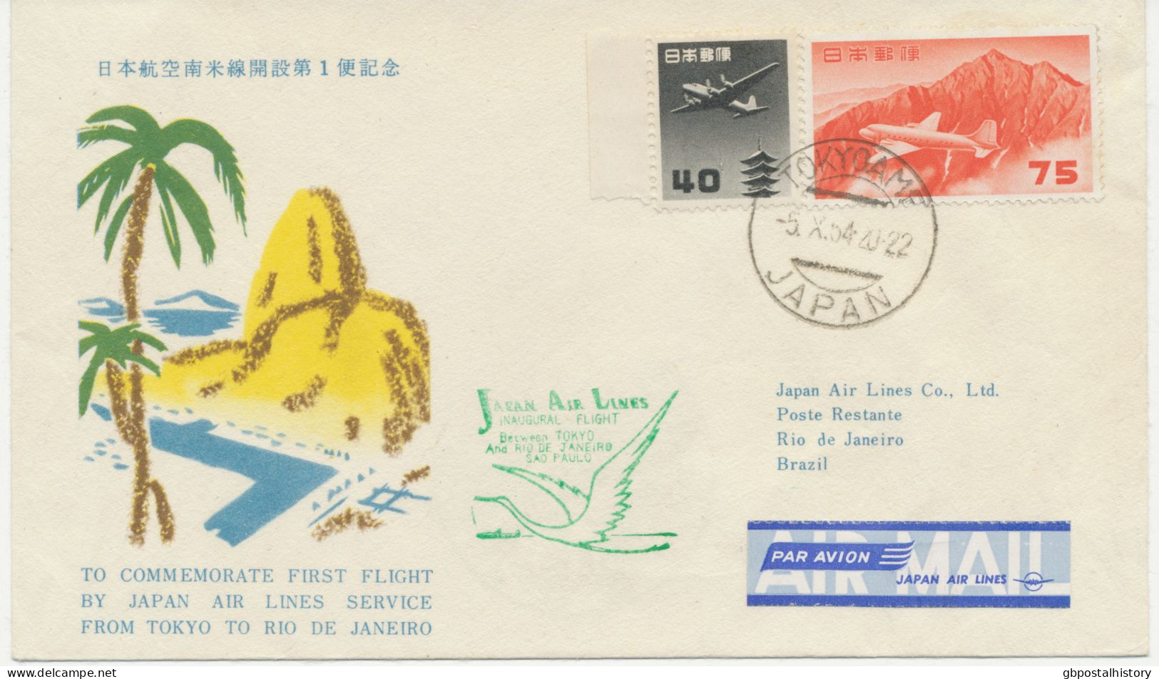 JAPAN 5.10.1954, Sehr Seltene Erstflug JAL (Japan Air Lines) „TOKIO – RIO DE JANEIRO“ - Very Rare First Flight - Airmail