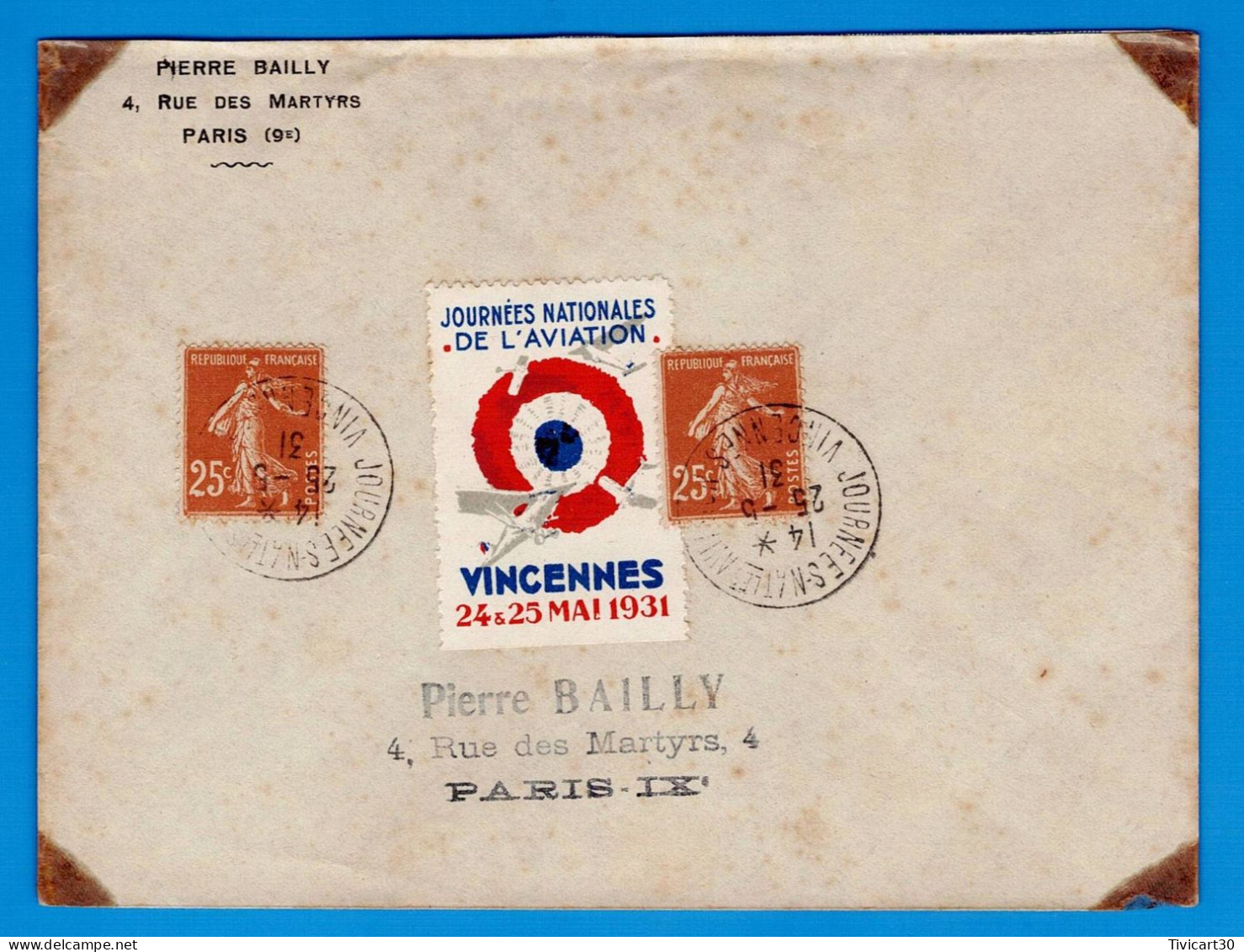 LETTRE AVEC VIGNETTE "JOURNEES NATIONALES DE L'AVIATION, VINCENNES 24 & 25 MAI 1931" - OBLITERATIONS - Aviation