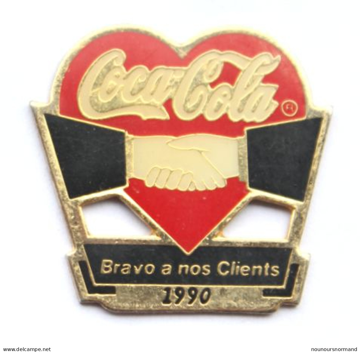 Pin's COCA COLA - BRAVO A NOS CLIENTS - 1990 - Coeur Et Poignée De Mains - N042 - Coca-Cola