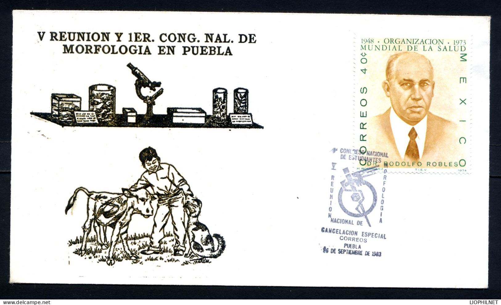 MEXIQUE MEXICO 1983, Sur Yvert 806 De 1974, Cachet Congrès Mondial Morphologie, 1 Enveloppe Avec Veau, Chien Enfant - WHO