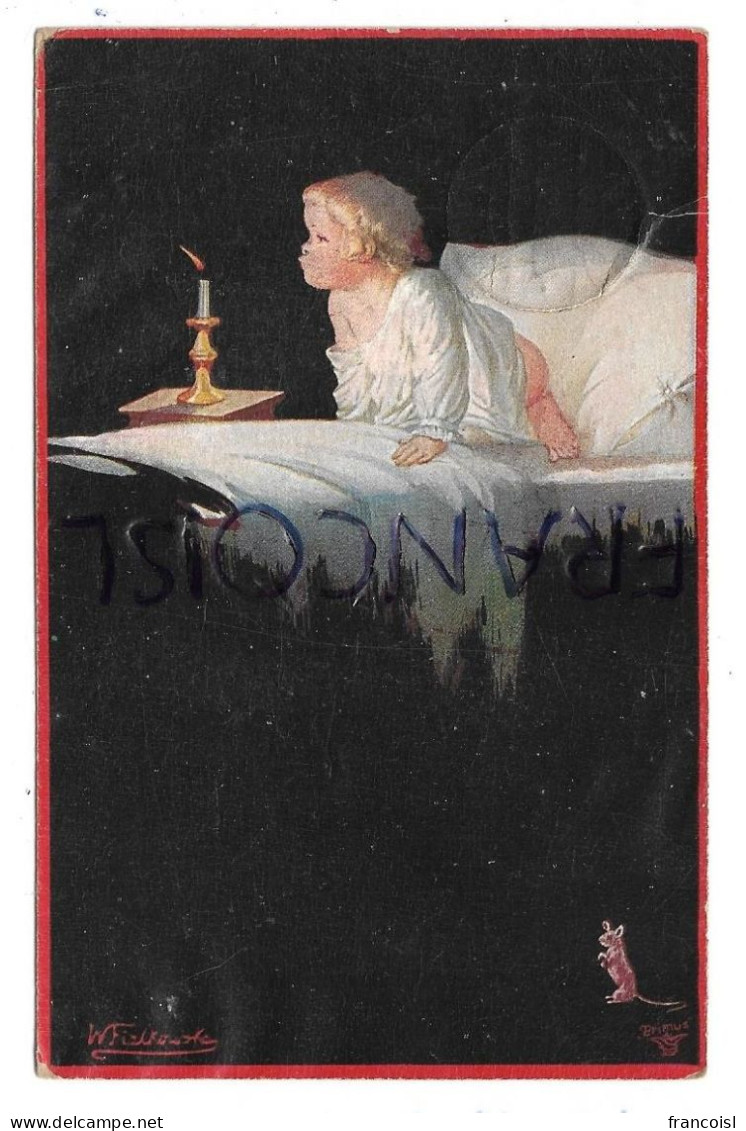 CPA. Petit Enfant Au Lit Souffle Sa Bougie, Petite Souris Par W. Fialkowska - Fialkowska, Wally