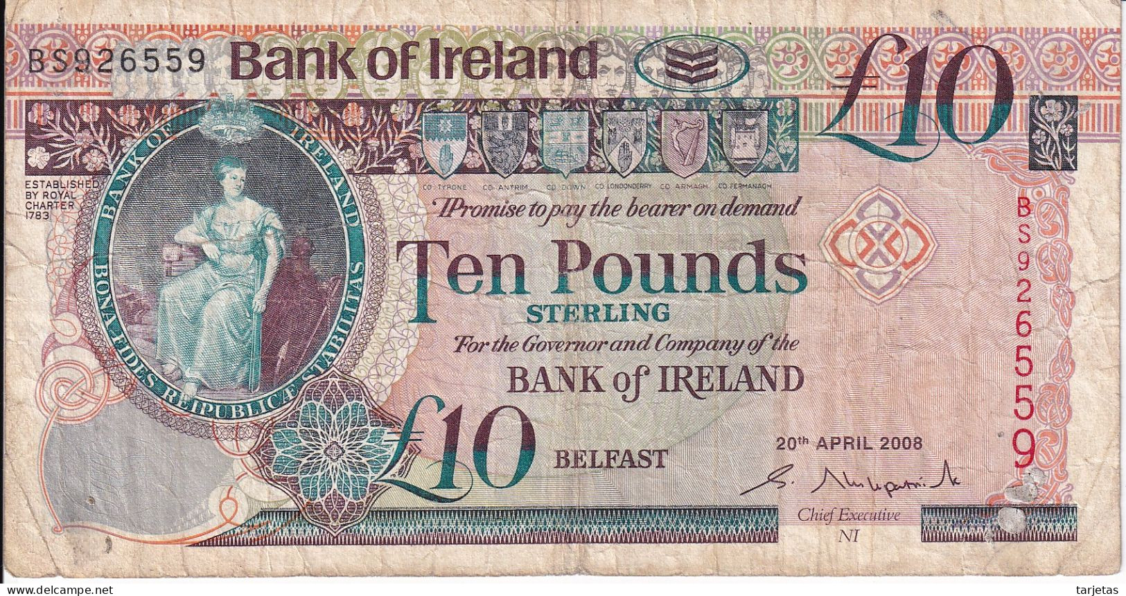 BILLETE DE IRLANDA DE 10 POUNDS DEL AÑO 2008 (BANKNOTE) - Irlanda