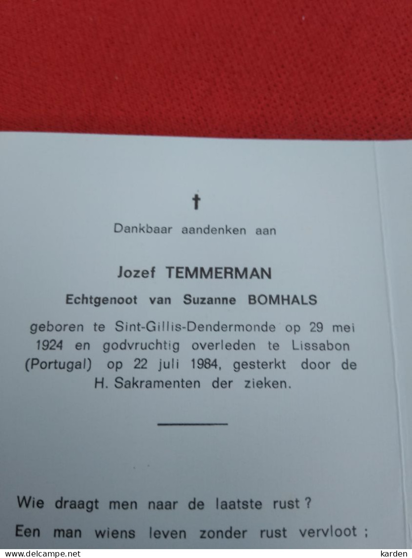 Doodsprentje Jozef Temmerman / Sint Gillis Dendermonde 29/5/1924 Lissabon ( Port. ) 22/7/1984 ( Suzanne Bomhals ) - Religion & Esotérisme