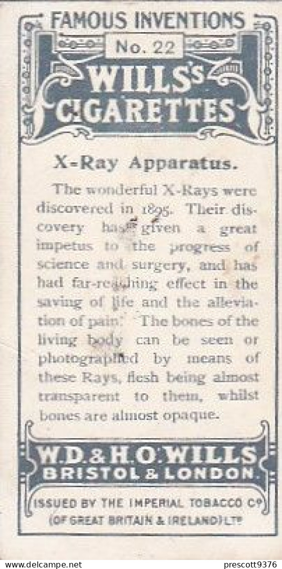 22 X Ray Apparatus   - Famous Inventions 1915 -  Wills Cigarette Card -   - Antique - 3x7cms - Wills