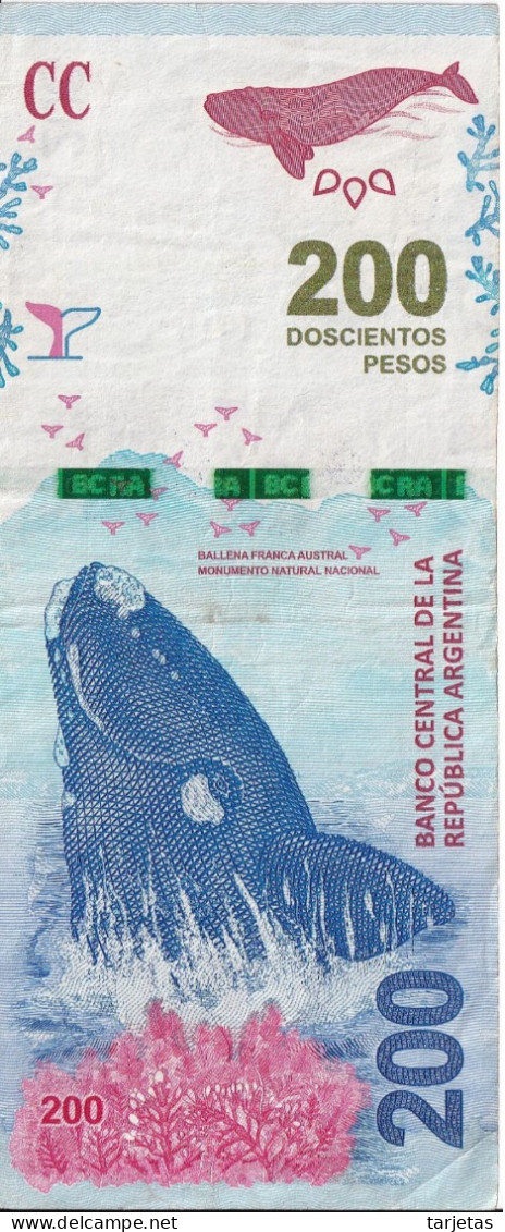 BILLETE DE ARGENTINA DE 200 PESOS DEL AÑO 2016  (BANKNOTE) BALLENA-WHALE - Argentine