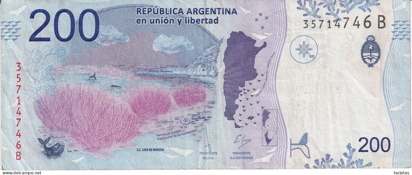 BILLETE DE ARGENTINA DE 200 PESOS DEL AÑO 2016  (BANKNOTE) BALLENA-WHALE - Argentine