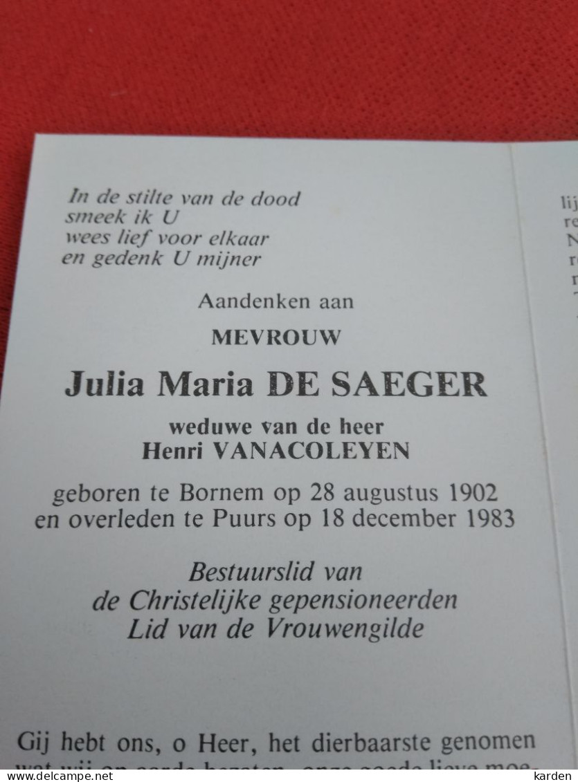 Doodsprentje Julia Maria De Saeger / Bornem 28/8/1902 Puurs 18/12/1983 ( Henri Vanacoleyen ) - Religion & Esotérisme